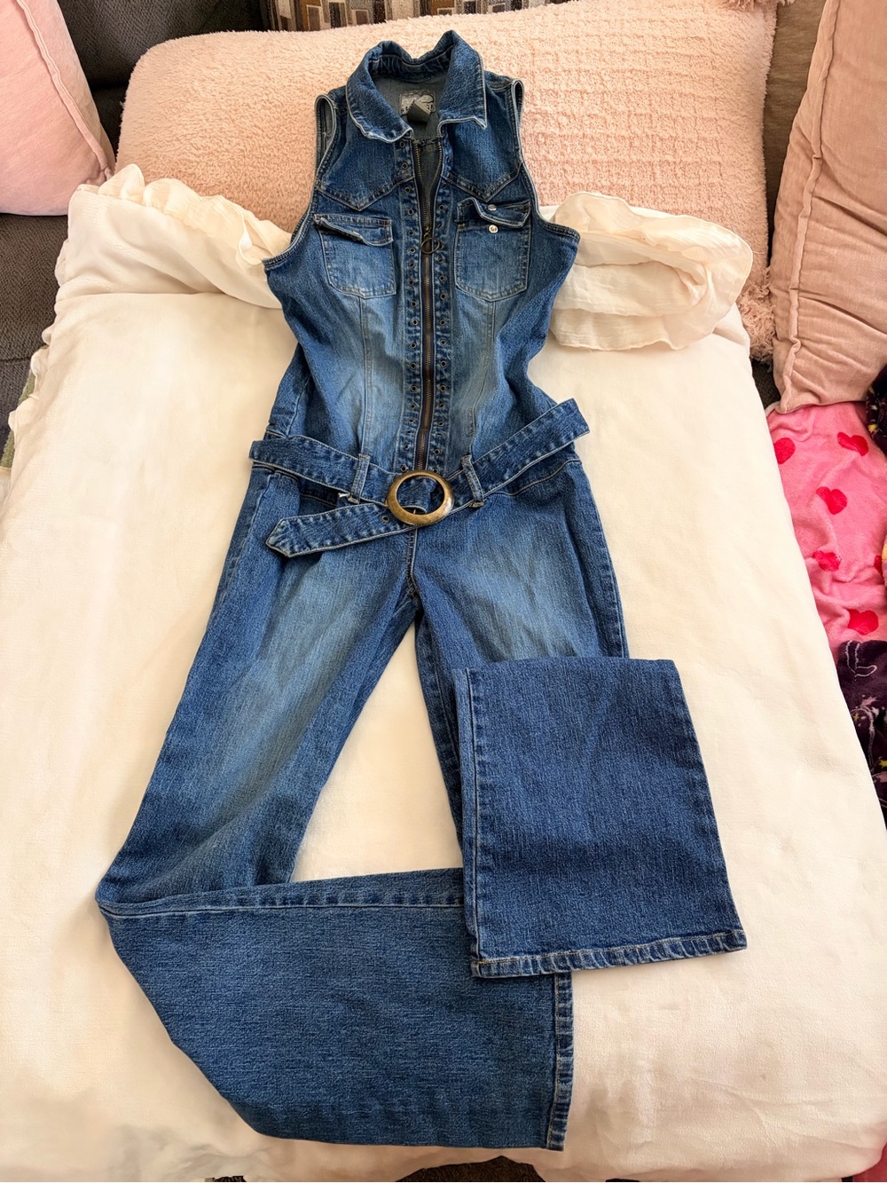 Rave Denim vintage Y2K Sleeveless Flare Jumpsuit with Belt